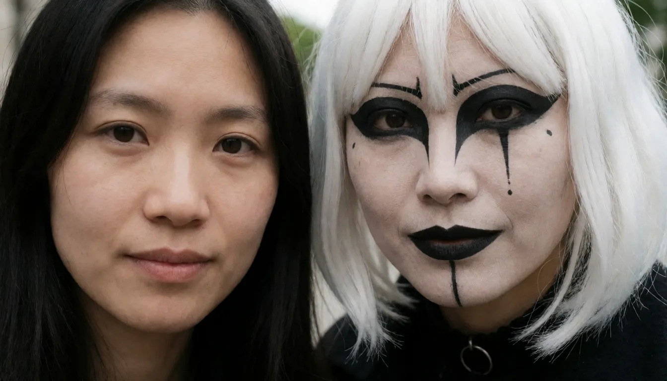 an amateur snapshot, 2women asian, 3rd bust size , fellatio , covered in cum, nude , kneeling, goth makeup, white_hair , bdsm, bondage, open_mouth , happy , body_writing ,,, plenty of natural daylight, flat even light, casual unposed snapshot, natural everyday colour, mild noise, natural unretouched skin, strikingly beautiful, radiant complexion, early twenties