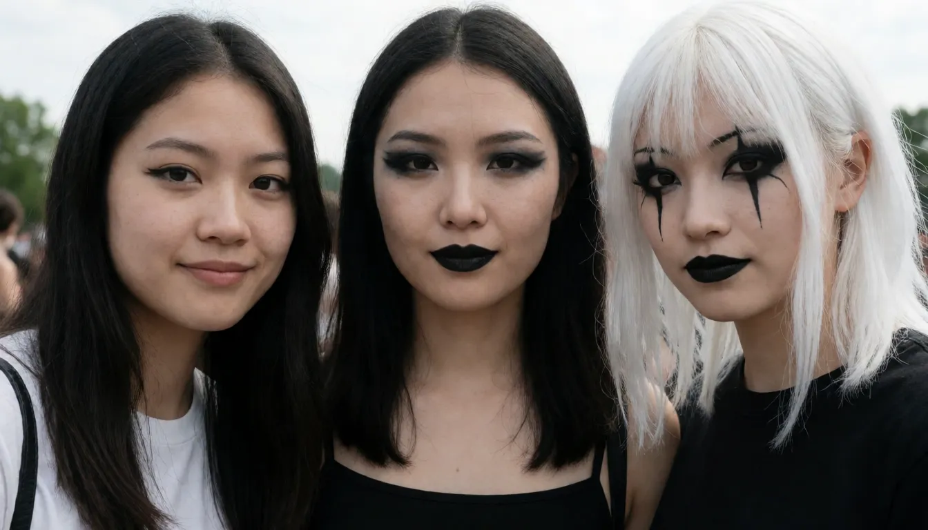 an amateur snapshot, 2women asian, 3rd bust size , fellatio , covered in cum, nude , lick off cum from eachother , goth makeup, white_hair , bdsm, bondage, open_mouth , body_writing, plenty of natural daylight, flat even light, casual unposed snapshot, natural everyday colour, mild noise, natural unretouched skin, strikingly beautiful, radiant complexion, early twenties