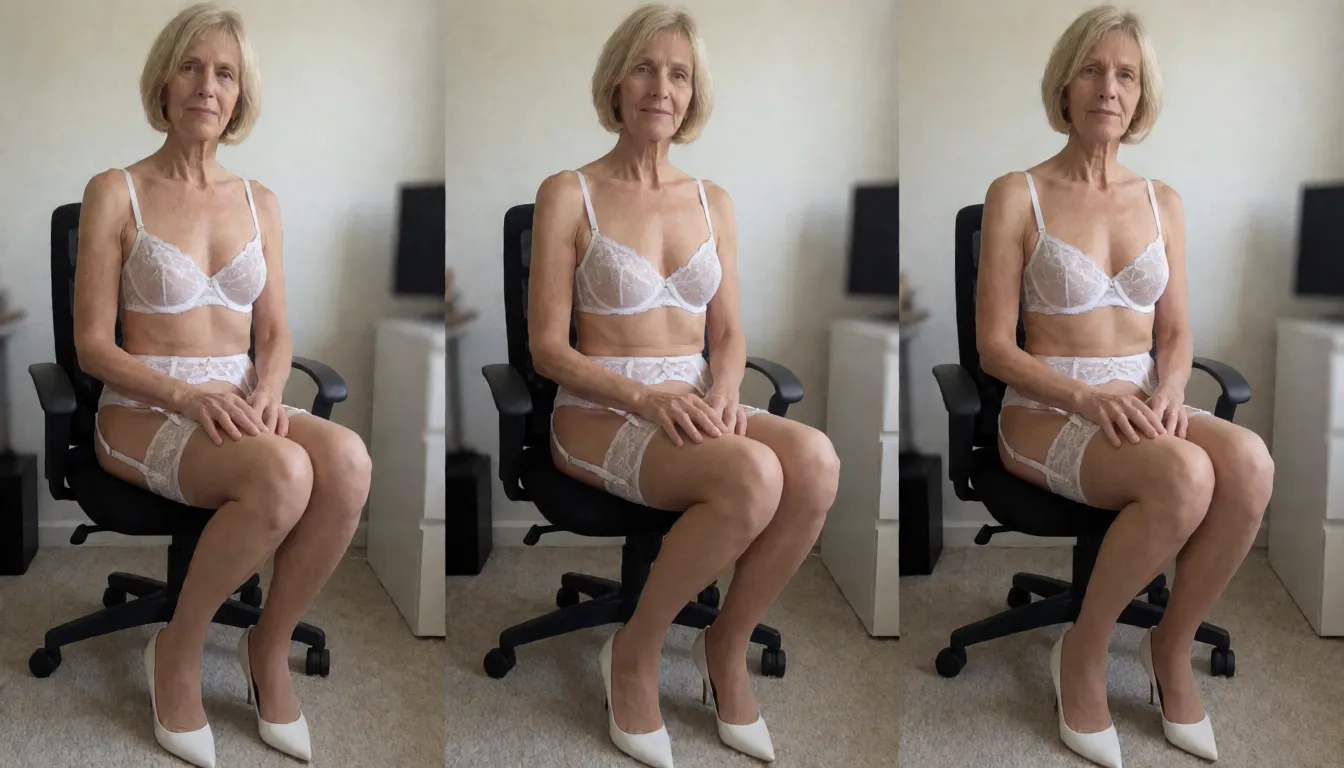 an amateur snapshot, Photorealistic. Tall, slim 50-year-old woman with an elongated face and short blonde bob; large, round breasts. She is sitting on an office chair—full-body view, head to toe—wearing Louboutin shoes and very sheer white lingerie consisting only of a bra, garter belt, and stockings. She is performing fellatio on a man while caressing her own genitals., plenty of natural daylight, flat even light, casual unposed snapshot, natural everyday colour, mild noise, natural unretouched skin, strikingly beautiful, radiant complexion, early twenties