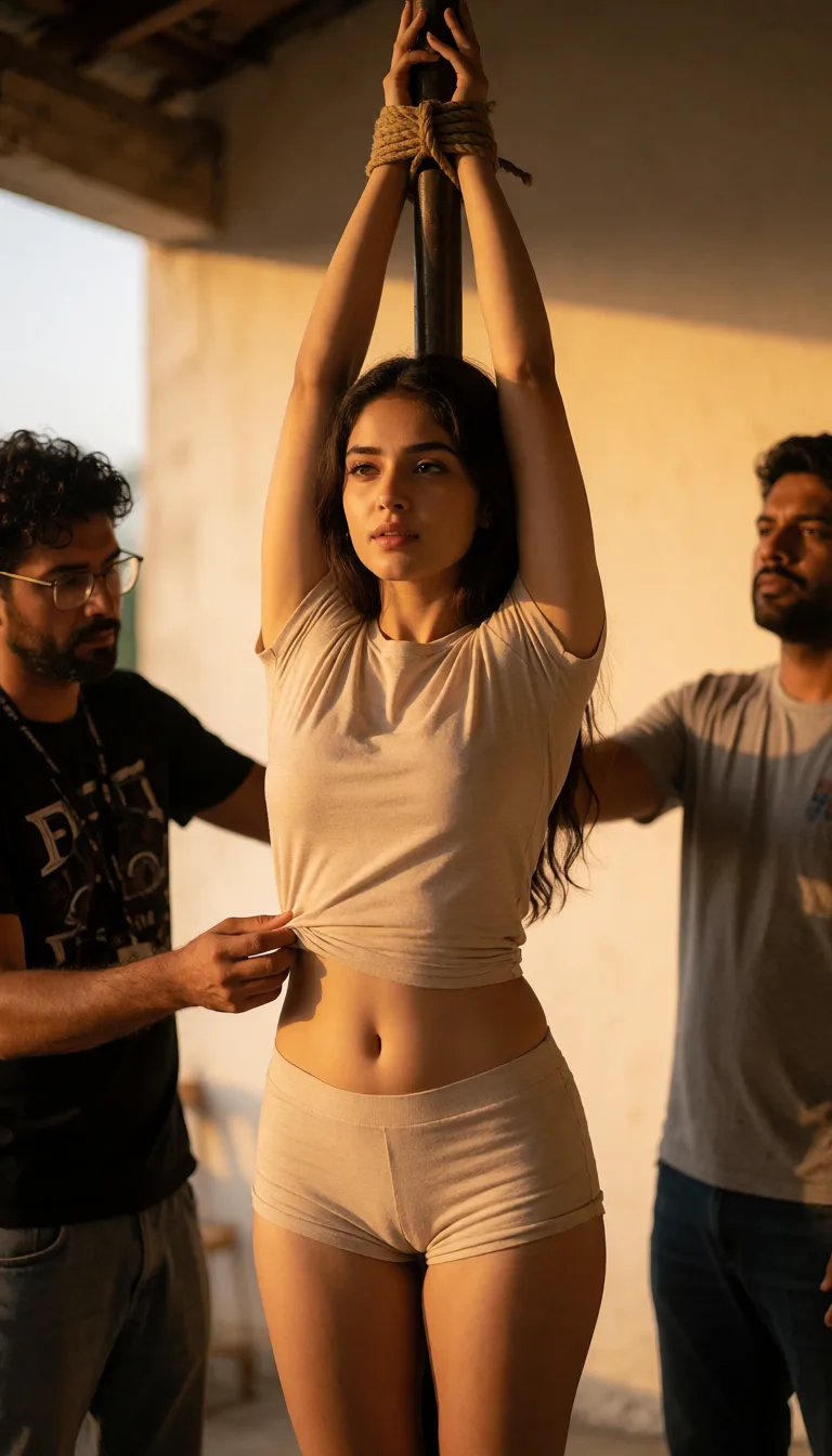 a photograph, She is wearing a tshirt, tight fit mini shorts, she raised her hands fully to the top stretch tied by a rope in a pole, 24 year old Indian, behind the scene movie, director correcting her costume, warm golden afternoon daylight, soft natural shadows, warm amber tones, gentle contrast, fine film grain, smooth clear skin, strikingly beautiful, radiant complexion, early twenties