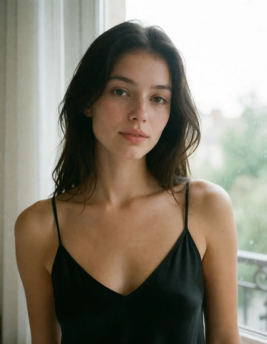 an amateur snapshot, a woman with long dark hair in a black silk slip, soft window light, shot on film, plenty of natural daylight, flat even light, casual unposed snapshot, natural everyday colour, mild noise, natural unretouched skin, strikingly beautiful, radiant complexion, early twenties