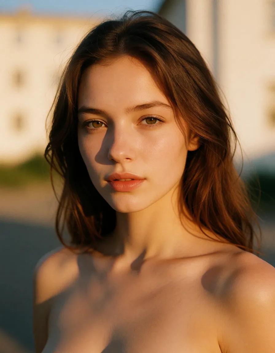 a photograph, Голая девушка с работниками энергетики, warm golden afternoon daylight, soft natural shadows, warm amber tones, gentle contrast, fine film grain, smooth clear skin, strikingly beautiful, radiant complexion, early twenties