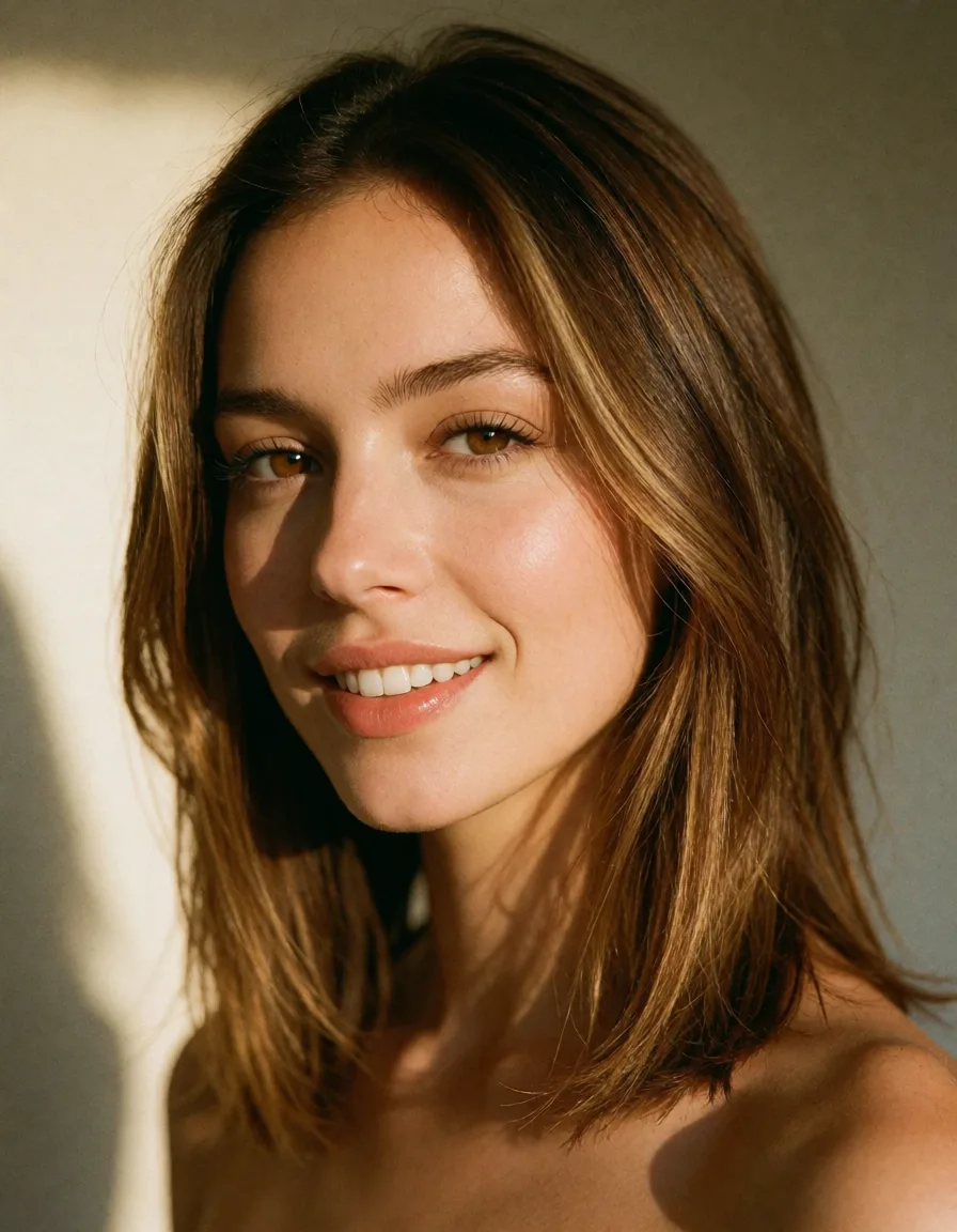 a photograph, she’s a woman with straight, shoulder-length brown hair with lighter highlights, brown eyes, and neatly shaped eyebrows. she has a warm smile showing her teeth and a light complexion. Naked, warm golden afternoon daylight, soft natural shadows, warm amber tones, gentle contrast, fine film grain, smooth clear skin, strikingly beautiful, radiant complexion, early twenties