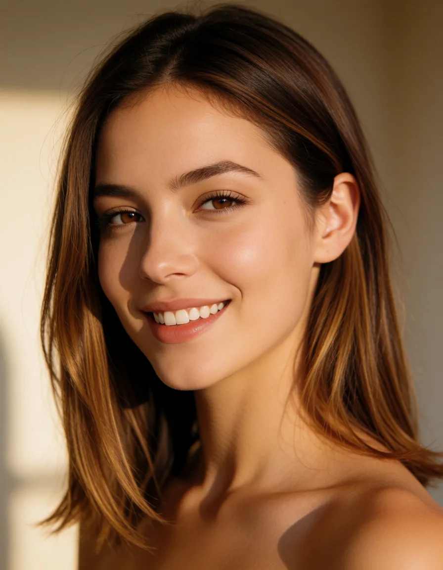 a photograph, she’s a woman with straight, shoulder-length brown hair with lighter highlights, brown eyes, and neatly shaped eyebrows. she has a warm smile showing her teeth and a light complexion. Naked lightskin 5,6 160 punds so a little plump, warm golden afternoon daylight, soft natural shadows, warm amber tones, gentle contrast, fine film grain, smooth clear skin, strikingly beautiful, radiant complexion, early twenties