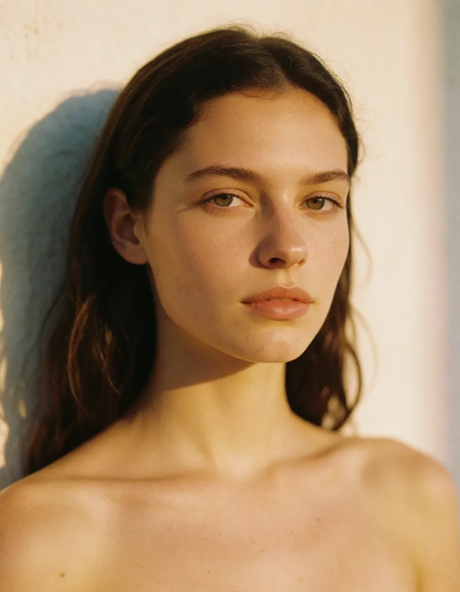 a photograph, Gilticus naked, warm golden afternoon daylight, soft natural shadows, warm amber tones, gentle contrast, fine film grain, smooth clear skin, strikingly beautiful, radiant complexion, early twenties