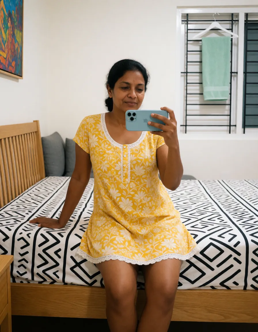 a photograph, A candid, medium-full mirror selfie of a South Asian big double-breasted woman in her 30s with warm medium-brown skin, dark tied-back hair, and a natural, makeup-free face with a relaxed expression. She is sitting on the edge of a bed with a light-wood frame and slatted headboard, leaning slightly on her right hand while holding a light blue iPhone horizontally in front of her chest with her left hand to take the photo. She is wearing a very short-sleeved, knee-length yellow cotton nightdress featuring a white floral pattern, wide open chubby leg, a white lace-trimmed scoop neckline with a small button placket, a front chest pocket, and white lace trim along the bottom hem. The bed is made with a crisp white fitted sheet patterned with bold black geometric and tribal-inspired line art. In the background, the bedroom has plain white walls, a white louvered window with black horizontal security bars and a mint-green towel hanging from a white plastic hanger, a colorful framed painting partially visible on the left wall, and grey cushions resting behind the wooden headboard. Bright, even indoor overhead lighting, casual smartphone photography aesthetic, realistic textures, 28mm lens, f/2.8, raw and unretouched, warm golden afternoon daylight, soft natural shadows, warm amber tones, gentle contrast, fine film grain, smooth clear skin, strikingly beautiful, radiant complexion, early twenties