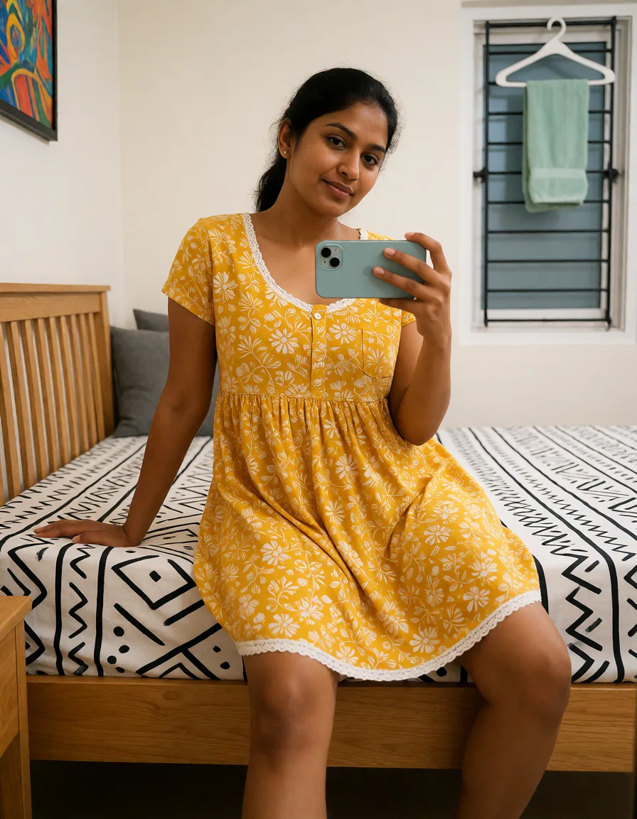 a photograph, A candid, medium-full mirror selfie of a South Asian big double-breasted woman in her 30s with warm medium-brown skin, dark tied-back hair, and a natural, makeup-free face with a relaxed expression. She is sitting on the edge of a bed with a light-wood frame and slatted headboard, leaning slightly on her right hand while holding a light blue iPhone horizontally in front of her chest with her left hand to take the photo. She is wearing a very short-sleeved, knee-length yellow cotton nightdress featuring a white floral floral_print , wide open chubby spread_legs, a white lace-trimmed scoop neckline with a small button placket, a front chest pocket, and white lace trim along the bottom hem. The bed is made with a crisp white fitted sheet patterned with bold black geometric and tribal-inspired line art. In the background, the bedroom has plain white walls, a white louvered window with black horizontal security bars and a mint-green towel hanging from a white plastic hanger, a colorful framed painting partially visible on the left wall, and grey cushions resting behind the wooden headboard. Bright, even indoor overhead lighting, casual smartphone photography aesthetic, realistic textures, 28mm lens, f/2.8, raw and unretouched, warm golden afternoon daylight, soft natural shadows, warm amber tones, gentle contrast, fine film grain, smooth clear skin, strikingly beautiful, radiant complexion, early twenties