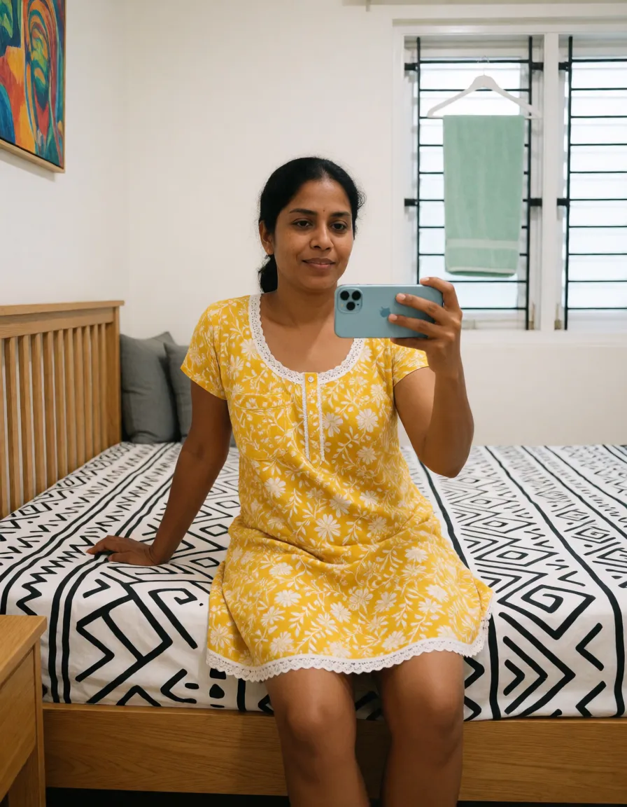 a photograph, A candid, medium-full mirror selfie of a South Asian big double-breasted mature_female in her 30s with warm medium-brown skin, dark tied-back hair, and a natural, makeup-free face with a relaxed expression. She is sitting on the edge of a bed with a light-wood frame and slatted headboard, leaning slightly on her right hand while holding a light blue iPhone horizontally in front of her chest with her left hand to take the photo. She is wearing a very short-sleeved, knee-length yellow cotton nightdress featuring a white floral floral_print , wide open plump spread_legs, a white lace-trimmed scoop neckline with a small button placket, a front chest pocket, and white lace trim along the bottom hem. The bed is made with a crisp white fitted sheet patterned with bold black geometric and tribal-inspired line art. In the background, the bedroom has plain white walls, a white louvered window with black horizontal security bars and a mint-green towel hanging from a white plastic hanger, a colorful framed painting partially visible on the left wall, and grey cushions resting behind the wooden headboard. Bright, even indoor overhead lighting, casual smartphone photography aesthetic, realistic textures, 28mm lens, f/2.8, raw and unretouched, warm golden afternoon daylight, soft natural shadows, warm amber tones, gentle contrast, fine film grain, smooth clear skin, strikingly beautiful, radiant complexion, early twenties