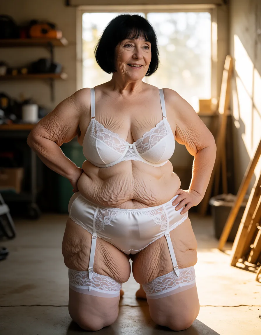 a photograph, An 50 year old wrinkled Caucasian woman with extremely pale skin and a chubby flabby mature body and fat flabby legs kneels centered in a cluttered garage workshop with bright natural sunlight streaming in from the background creating strong highlights on her and the right side walls while the left side remains in soft diffused shadows, she has a thin short black bob haircut with bangs and a smiling facial expression with brown eyes looking slightly to her right, her body is facing forward with her weight shifted to her left leg, her right hand placed on her right hip with elbow bent and left hand resting on her left hip, her arms are thick with visible cellulite and stretch marks on her upper arms and thighs, her chubby muffin top stomach with love handles is prominently sagging and protruding with visible stretch marks and varicose veins, she wears a white lace cotton bra with thin straps highlighting the wrinkled stretch marked cleavage of her deflated small saggy breasts, white satin high-waisted panties with lace trim at the waist and leg openings, white lace garter belts with straps attached to white stockings that have lace tops at the upper flabby cellulite covered thighs, and the overall scene is captured from a medium full-body frontal perspective with shallow depth of field keeping the woman in sharp focus while the background elements remain slightly blurred, soft natural daylight illumination, realistic photographic style with natural color grading and warm tones., warm golden afternoon daylight, soft natural shadows, warm amber tones, gentle contrast, fine film grain, smooth clear skin, strikingly beautiful, radiant complexion, early twenties