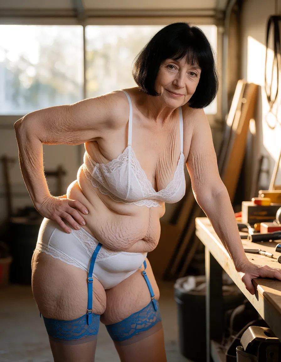 a photograph, An 50 year old wrinkled Caucasian woman with extremely pale skin and a chubby flabby mature body and fat flabby legs standing slightly turned to the right and bent over at the waist with one hand holding onto the top of a work bench, centered in a cluttered garage workshop with bright natural sunlight streaming in from the background creating strong highlights on her and the right side walls while the left side remains in soft diffused shadows, she has a thin short black bob haircut with bangs and a smiling facial expression with brown eyes looking at the camera, her body is facing forward with her weight shifted to her left leg, her right hand placed on her right hip with elbow bent, her arms are flabby with light cellulite and stretch marks on her upper arms and thighs, her chubby muffin top stomach with love handles is prominently sagging and protruding with visible thin stretch marks, her hips are narrow with dips, she wears a white lace cotton bralette with thin straps highlighting the wrinkled stretch marked cleavage of her deflated small saggy breasts and upper chest, white cotton high-waisted panties with lace trim at the waist and leg openings, blue lace garter belts with straps attached to blue stockings that have lace tops at the upper flabby light cellulite covered thighs, and the overall scene is captured from a medium full-body frontal perspective with shallow depth of field keeping the woman in sharp focus while the background elements remain slightly blurred, soft natural daylight illumination, realistic photographic style with natural color grading and warm tones., warm golden afternoon daylight, soft natural shadows, warm amber tones, gentle contrast, fine film grain, smooth clear skin, strikingly beautiful, radiant complexion, early twenties