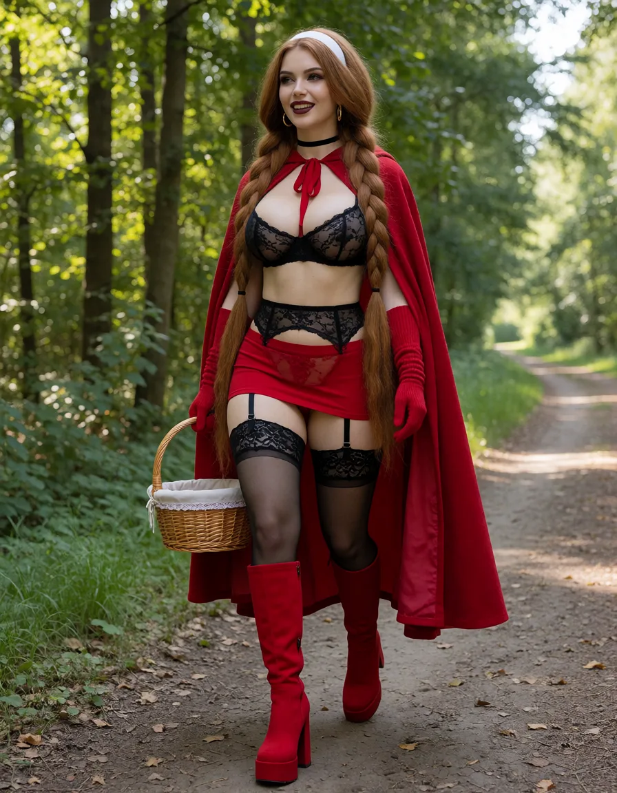 an amateur snapshot, Anna (the woman from the "Little Red Riding Hood" fairy tale; hereinafter "Anna") has very voluptuous buttocks, a very large bust, a slender waist, and a toned figure; she has exceptionally full lips. Anna has voluminous, very long amber-chestnut hair styled in two braids. She is dressed in black lace stockings held up by a black lace garter belt, a black lace bra made of a very sheer material, long red cashmere gloves, red knee-high boots with high heels and chunky soles, ultra-sheer red lace panties, an ultra-short red miniskirt, and a red hooded cape. She wears a wide white headband, a black choker, and gold hoop earrings. Her eyes are accentuated with black mascara; her makeup is done in a Gothic style using black tones, and she wears dark burgundy lipstick.Anna is walking straight ahead in a good mood. She is carrying a basket.The scene takes place on a forest path on a sunny day. The shot is taken from a low angle and from a very great distance., plenty of natural daylight, flat even light, casual unposed snapshot, natural everyday colour, mild noise, natural unretouched skin, strikingly beautiful, radiant complexion, early twenties