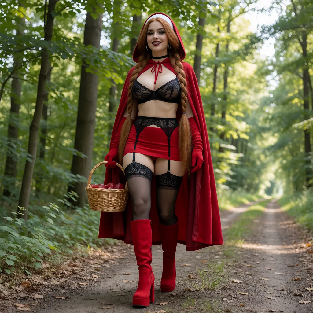 an amateur snapshot, Anna (the woman from the "Little Red Riding Hood" fairy tale; hereinafter "Anna") has very voluptuous buttocks, a very large bust, a slender waist, and a toned figure; she has exceptionally full lips. Anna has voluminous, very long amber-chestnut hair styled in two braids. She is dressed in black lace stockings held up by a black lace garter belt, a black lace bra made of a very sheer material, long red cashmere gloves, red knee-high boots with high heels and chunky soles, ultra-sheer red lace panties, an ultra-short red miniskirt, and a red hooded cape. She wears a wide white headband, a black choker, and gold hoop earrings. Her eyes are accentuated with black mascara; her makeup is done in a Gothic style using black tones, and she wears dark burgundy lipstick.Anna is walking straight ahead in a good mood. She is carrying a basket.The scene takes place on a forest path on a sunny day. The shot is taken from a low angle and from a very great distance., plenty of natural daylight, flat even light, casual unposed snapshot, natural everyday colour, mild noise, natural unretouched skin, strikingly beautiful, radiant complexion, early twenties