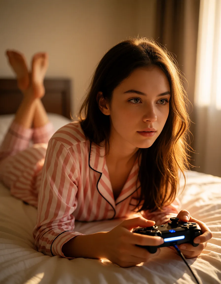 a photograph, Woman next door, 21yo, Slim frame gamer woman playing video games, wearing pajamas, laying on stomach, on bed, anal sex, warm golden afternoon daylight, soft natural shadows, warm amber tones, gentle contrast, fine film grain, smooth clear skin, strikingly beautiful, radiant complexion, early twenties
