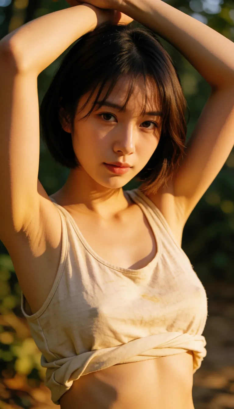 a photograph, Porn, Beautiful korean woman, bob hair, tank top rolled over tits, big tits, spread_legs, arms up, tied, pov, missionary, penis entered pussy, angle from above, leaning_back, in jungle, closed_eyes, moaning, head turn side,, warm golden afternoon daylight, soft natural shadows, warm amber tones, gentle contrast, fine film grain, smooth clear skin, strikingly beautiful, radiant complexion, early twenties