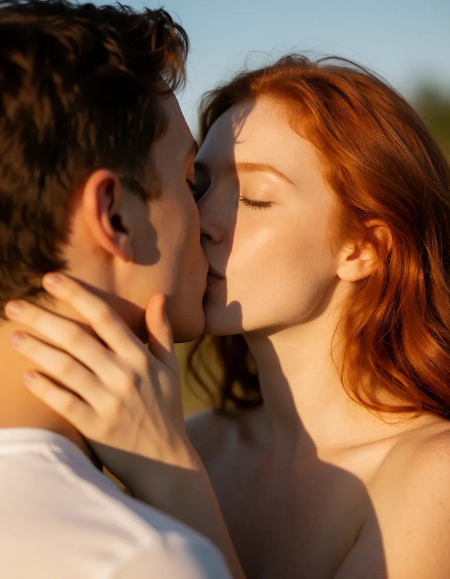 a photograph, My red haired girlfriend, kissing me, warm golden afternoon daylight, soft natural shadows, warm amber tones, gentle contrast, fine film grain, smooth clear skin, strikingly beautiful, radiant complexion, early twenties