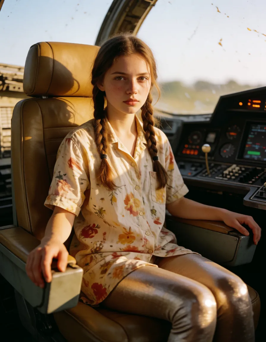 a photograph, Взрослая очень худая славянская девушка-клоун с двумя косичками, шёлковые блестящие лосины и чулки, маленькая грудь, грязная рубашка в пятнах, сидит раздвинув ноги в кресле пилота звездолёта, руки на подлокотниках. облитая грязью, warm golden afternoon daylight, soft natural shadows, warm amber tones, gentle contrast, fine film grain, smooth clear skin, strikingly beautiful, radiant complexion, early twenties