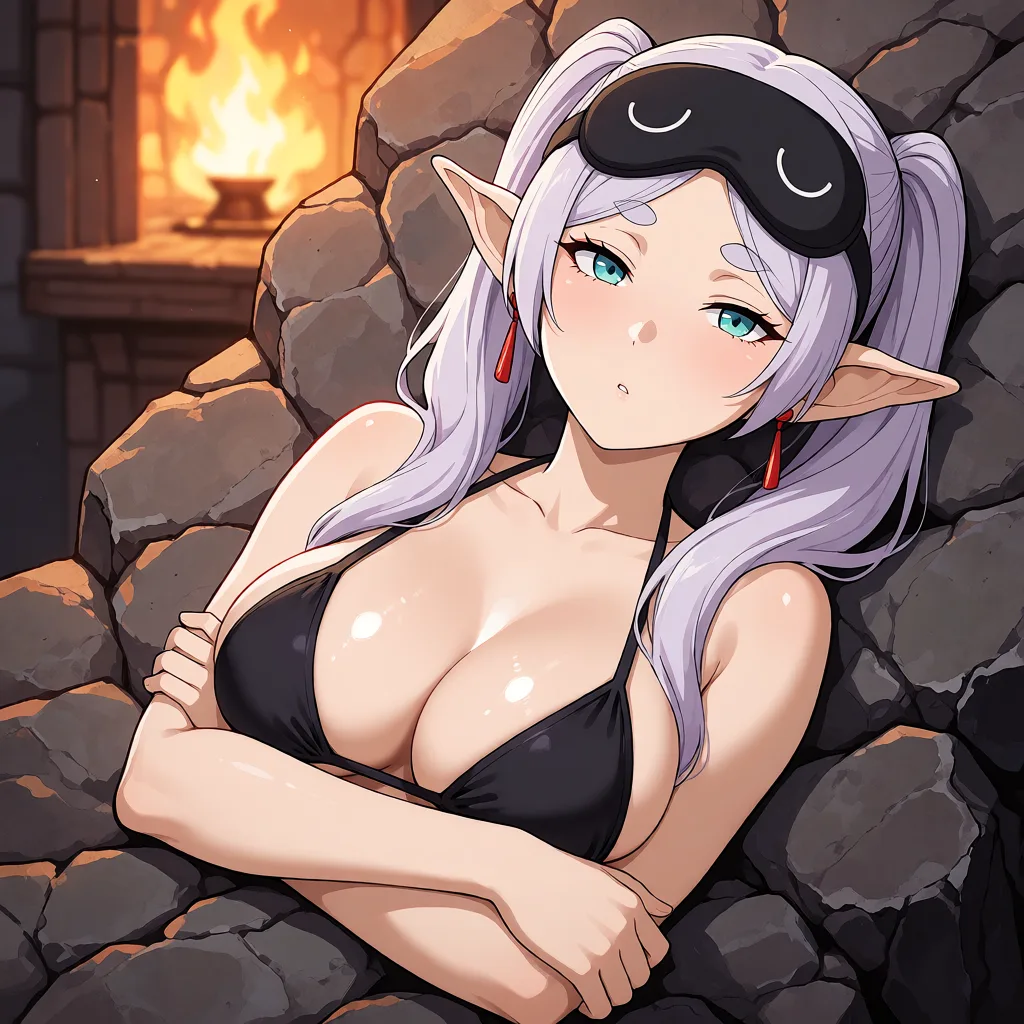 hentai anime art, 1woman, Frieren, pigtails, lying, black bikini, sleep mask, stone petrification, lying, folded,, clean lineart, smooth cel shading, glossy highlights, saturated warm colour, drawn illustration, strikingly beautiful, radiant complexion, early twenties