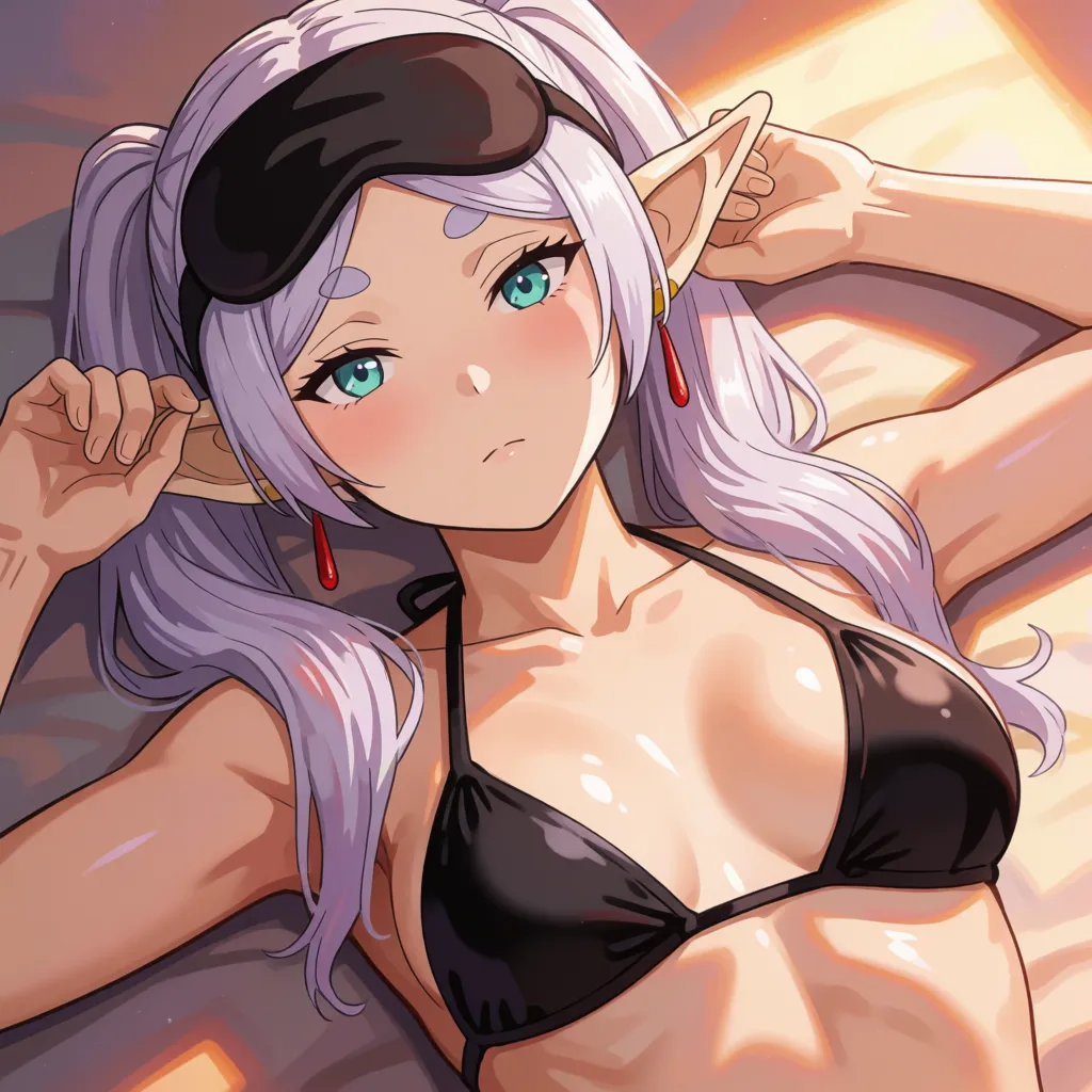 hentai anime art, 1woman, Frieren, pigtails, lying, black bikini, sleep mask cover eyes, body petrification, lying, folded, legs behind head,, clean lineart, smooth cel shading, glossy highlights, saturated warm colour, drawn illustration, strikingly beautiful, radiant complexion, early twenties