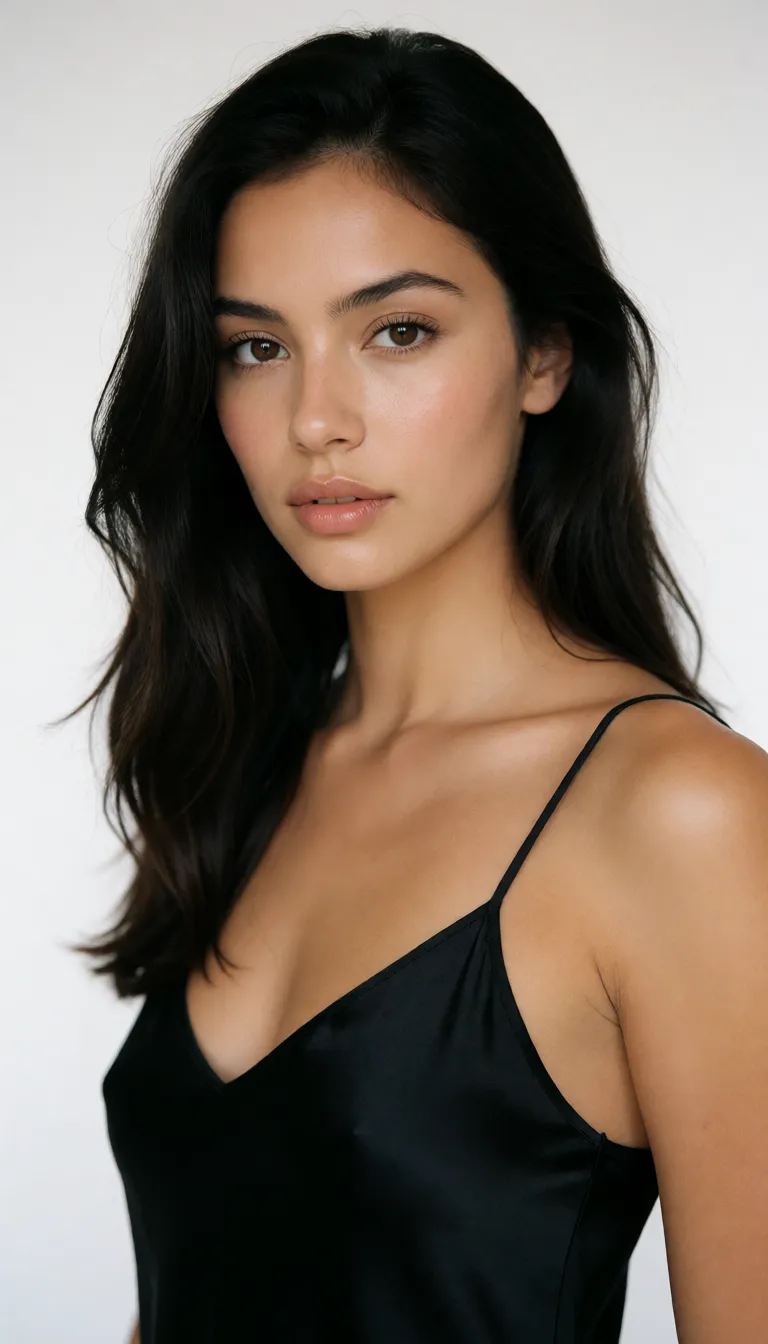 a studio photograph, a woman with long dark hair in a black silk slip, soft window light, shot on film, even shadowless studio light, plain white background, clean rich colour, flawless polished skin, strikingly beautiful, radiant complexion, early twenties
