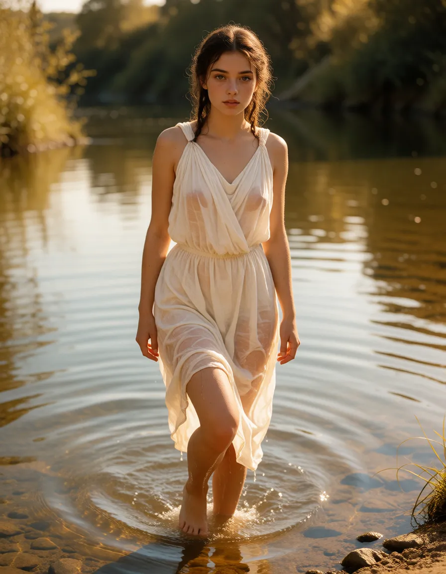 a photograph, Dans un monde grec antique fantastique. une paysanne en tunique blanche un peu transparente sort d'une rivière. On voit, sur l'image,  la fille entièrement des pieds à la tete., warm golden afternoon daylight, soft natural shadows, warm amber tones, gentle contrast, fine film grain, smooth clear skin, strikingly beautiful, radiant complexion, early twenties