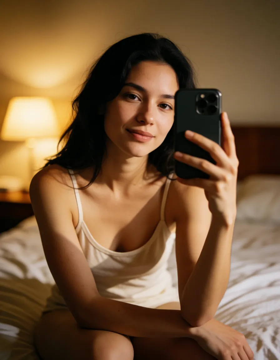 a photograph, selfie: [спальня, сидя на краю кровати, домашняя майка на тонких лямках, глубокое декольте, распущенные темные волосы, легкая улыбка, взгляд прямо в камеру, мягкое вечернее освещение от лампы, смартфон в руке, реалистичное селфи со смартфона в руке, фронтальная камера на расстоянии вытянутой руки чуть выше уровня глаз, слегка наклонена вниз, акцент на лице и верхней части тела, естественная текстура кожи, небольшое размытие заднего плана], warm golden afternoon daylight, soft natural shadows, warm amber tones, gentle contrast, fine film grain, smooth clear skin, strikingly beautiful, radiant complexion, early twenties
