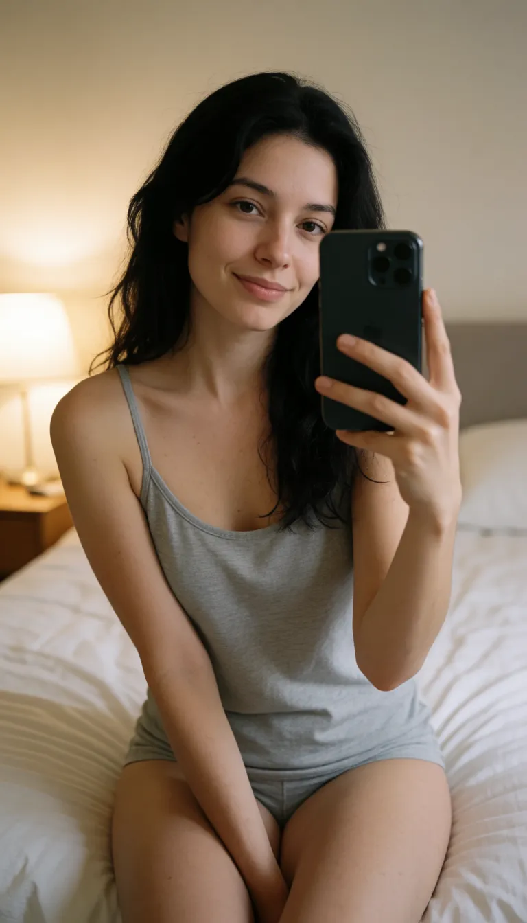 an amateur snapshot, selfie: [спальня, сидя на краю кровати, домашняя майка на тонких лямках, глубокое декольте, распущенные темные волосы, легкая улыбка, взгляд прямо в камеру, мягкое вечернее освещение от лампы, смартфон в руке, реалистичное селфи со смартфона в руке, фронтальная камера на расстоянии вытянутой руки чуть выше уровня глаз, слегка наклонена вниз, акцент на лице и верхней части тела, естественная текстура кожи, небольшое размытие заднего плана], plenty of natural daylight, flat even light, casual unposed snapshot, natural everyday colour, mild noise, natural unretouched skin, strikingly beautiful, radiant complexion, early twenties
