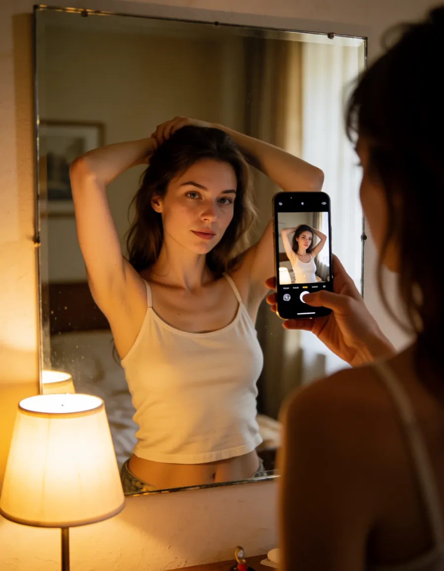 a photograph, detailed image-generation prompt - реалистичное селфи со смартфона в руке, фронтальная камера на уровне груди, телефон направлен на зеркало в спальне, отражение женщины, которая стоит перед зеркалом, одна рука поднята вверх и касается волос, другая рука держит телефон, майка на тонких лямках спущена с одного плеча, обнажая часть груди, глубокий взгляд в зеркало, соблазнительная полуулыбка, мягкий свет от настольной лампы создает интимную атмосферу, естественная кожа, легкое зерно на фото, кадрирование по пояс, warm golden afternoon daylight, soft natural shadows, warm amber tones, gentle contrast, fine film grain, smooth clear skin, strikingly beautiful, radiant complexion, early twenties