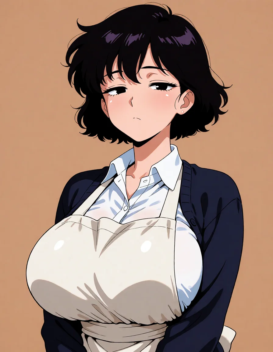 hentai anime art, Minimalist anime style, a young woman with a deadpan expression, tired and apathetic expression, semi-closed bored eyes, messy short black bob hair, huge_breasts, naked_apron. She is wearing a neat white collared button-up shirt under a dark navy blue cardigan, clean simple clothes. Flat colors, clean simple lineart, solid light brown background, 2D animation style, 90s anime aesthetic, high quality, masterpiece., clean lineart, smooth cel shading, glossy highlights, saturated warm colour, drawn illustration, strikingly beautiful, radiant complexion, early twenties
