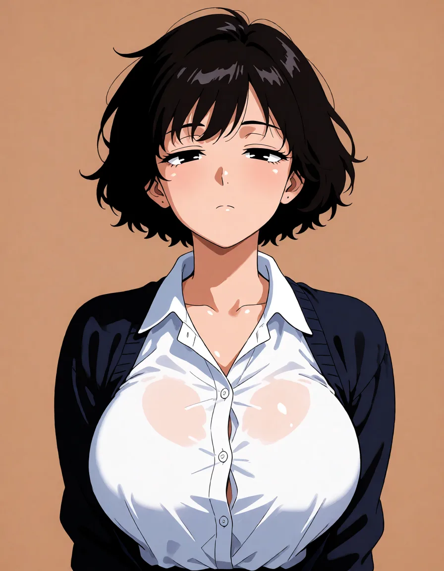 hentai anime art, Minimalist anime style, a young woman with a deadpan expression, tired and apathetic expression, semi-closed bored eyes, messy short black bob hair. She is wearing a neat white collared button-up shirt under a dark navy blue cardigan, clean simple clothes, huge_breasts, naked_shirt, fellatio. Flat colors, clean simple lineart, solid light brown background, 2D animation style, 90s anime aesthetic, high quality, masterpiece., clean lineart, smooth cel shading, glossy highlights, saturated warm colour, drawn illustration, strikingly beautiful, radiant complexion, early twenties