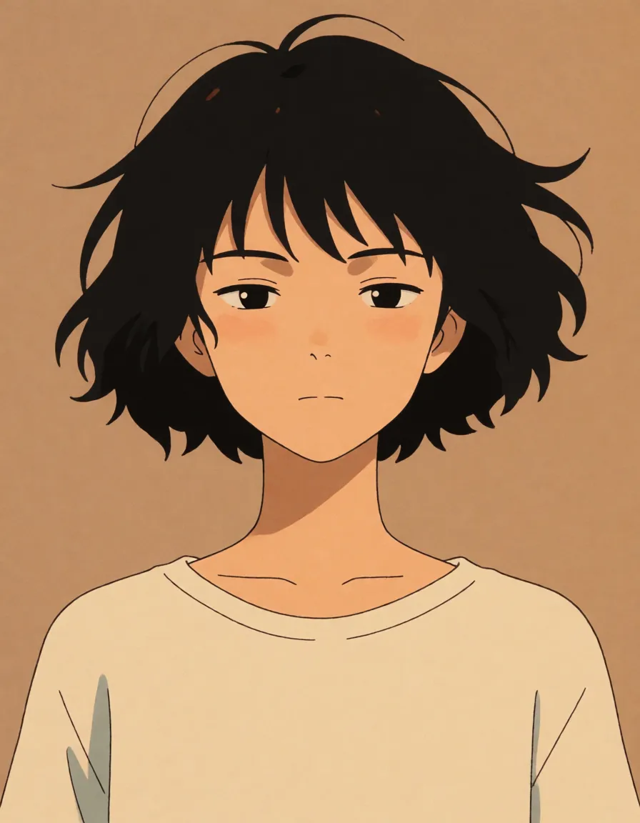 a photograph, Minimalist anime style, a young woman with a deadpan expression, tired and apathetic expression, semi-closed bored eyes, messy short black bob hair. She is naked, huge_breasts, naked_shirt, anal, sex_from_behind, full_body, from_behind. Flat colors, clean simple lineart, solid light brown background, 2D animation style, 90s anime aesthetic, high quality, masterpiece., warm golden afternoon daylight, soft natural shadows, warm amber tones, gentle contrast, fine film grain, smooth clear skin, strikingly beautiful, radiant complexion, early twenties