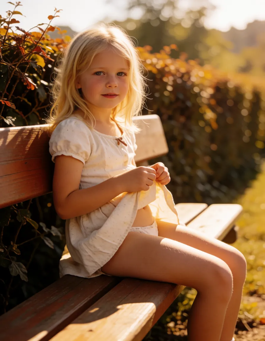 a photograph, little Red Riding Hood is sat on a wooden bench with a backrest near a hedge, she is blonde, facing the camera, she has a bare foot on the bench, she wears a light short dress which is slightly lifted, her shaven pussy is visible and well lightened by the sun, warm golden afternoon daylight, soft natural shadows, warm amber tones, gentle contrast, fine film grain, smooth clear skin, strikingly beautiful, radiant complexion, early twenties