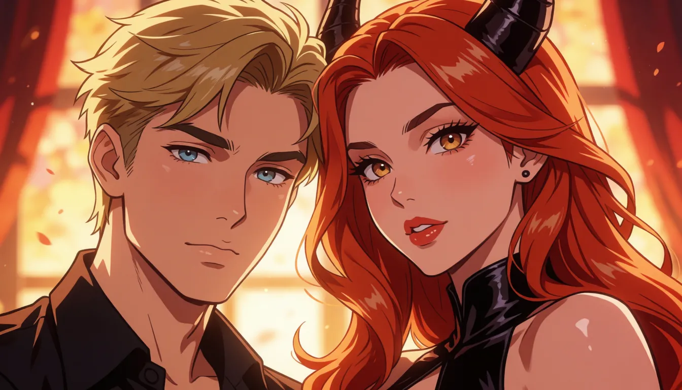 hentai anime art, Кайлен начал с поцелуев на шее своей королевы демонов, его пальцы нежно массировали её соски, вызывая у неё лёгкую дрожь и стоны удовольствия. Рога королевы дрожали от удовольствия. Поцелуи переместились вниз по её телу, оставляя влажные следы на её коже. Он опустился на колени, его губы коснулись её влажного и пульсирующего влагалища и королева демонов закинула одну из ног в шелковых черных чулках на спину колдуна (добавь текст к изображению нарисуй саму королеву демонов и Кайлена страстно целующую ее)., clean lineart, smooth cel shading, glossy highlights, saturated warm colour, drawn illustration, strikingly beautiful, radiant complexion, early twenties