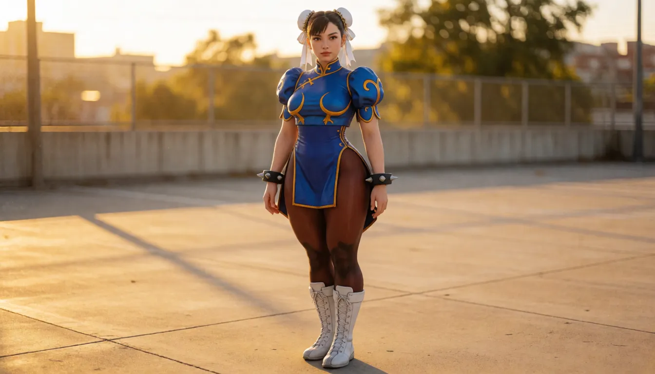 a photograph, curvy chun-li in latex slingshot_swimsuit p, pulled up by her hand miniskirt, leg stockings, sport boots is standing and sexually posing, warm golden afternoon daylight, soft natural shadows, warm amber tones, gentle contrast, fine film grain, smooth clear skin, strikingly beautiful, radiant complexion, early twenties