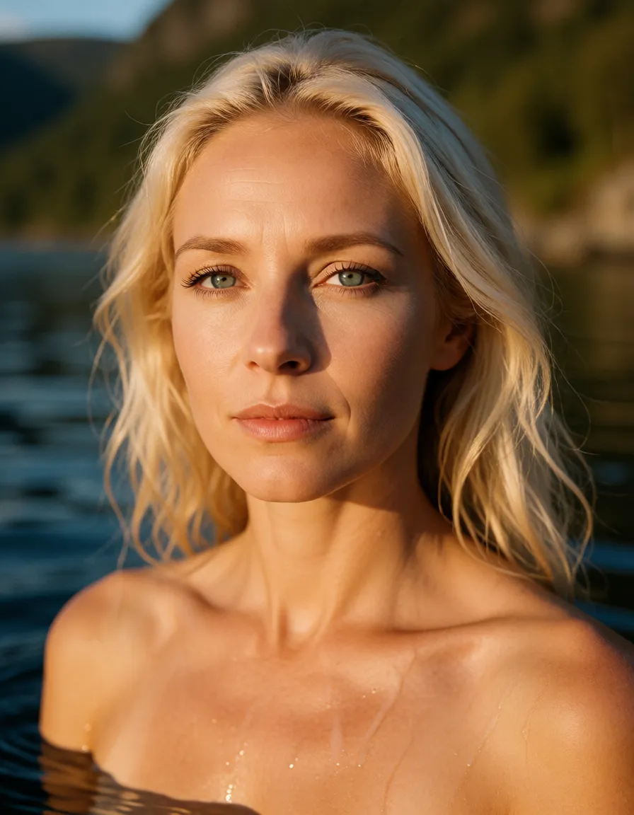 a photograph, A gorgeous, mature, blonde, blue eyes, Norwegian woman. Masturbates in a fjord., warm golden afternoon daylight, soft natural shadows, warm amber tones, gentle contrast, fine film grain, smooth clear skin, strikingly beautiful, radiant complexion, early twenties
