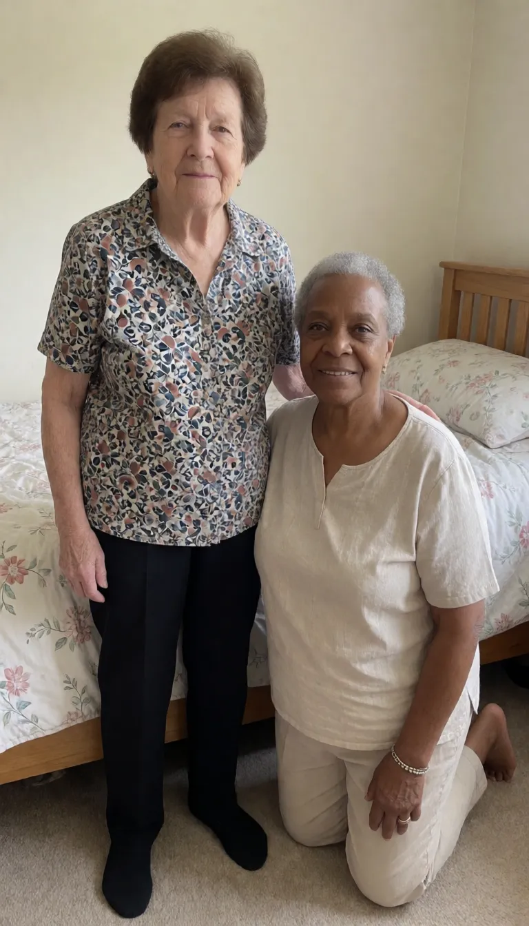 an amateur snapshot, 75 year old white bbw grandma with short brown hair, natural hanging tits standing in front of her bed with her granny old lady full cut style panties pulls down to her thighs reveal in her very very gray colored hairy pussy, her 65 year old black bbw grandma friend with nice natural hanging tits is on her knees in front of her wearing light beige colored full cut granny old lady style tight fitting panties licking her friends very very hairy pussy., plenty of natural daylight, flat even light, casual unposed snapshot, natural everyday colour, mild noise, natural unretouched skin, strikingly beautiful, radiant complexion, early twenties
