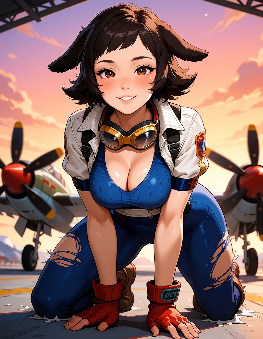 hentai anime art, 1woman tdaw dark brown short hair short bangs flipped hair ((droopy dog ears and rabbit ears)) goggles on head brown eyes
 wide hips [[muscular]] (blue u neck bodysuit) (white cropped jacket) short sleeves red gloves fingerless gloves [torn clothes ripped clothes] goggles on head smile blush sparkling eyes,hangar military base piston fighter back shot crawling position, clean lineart, smooth cel shading, glossy highlights, saturated warm colour, drawn illustration, strikingly beautiful, radiant complexion, early twenties