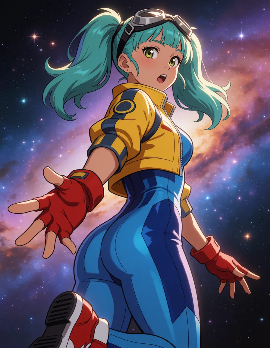 hentai anime art, twintails blunt bangs aqua hair hair bobbles  red eyes side  double eyelid [[olive tan skin]] eyelashes skin tight  goggles on head fingerless gloves cropped jacket blue bodysuit red gloves sneakers torn clothes ripped clothes exploding clothes, nebula space, satisfied expression, looking back toward the viewer, shot from the foot end, back three-quarter view foreshortened perspective upper thigh lying on stomach (prone position) both knees bent lower legs lifted upward feet playfully kicking feet, clean lineart, smooth cel shading, glossy highlights, saturated warm colour, drawn illustration, strikingly beautiful, radiant complexion, early twenties