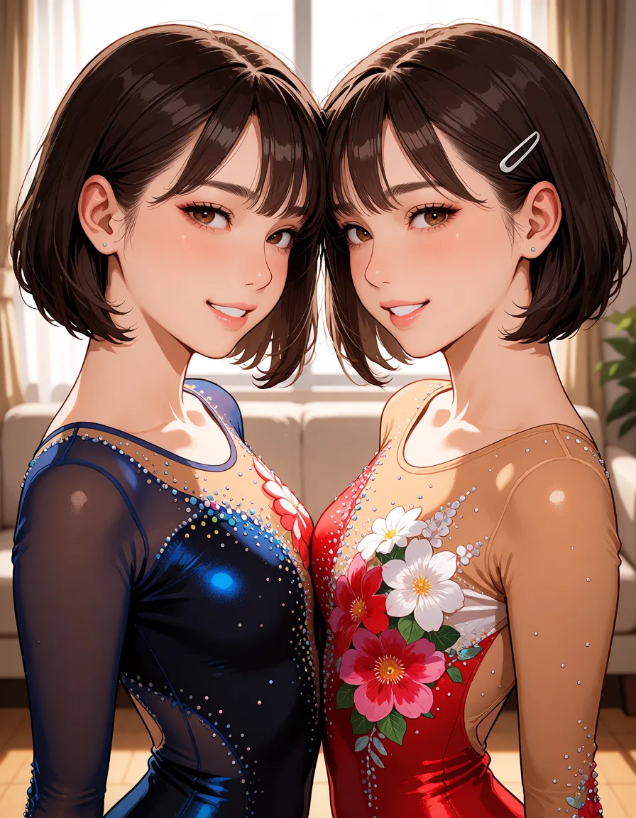 hentai anime art, 2women eye contact, bob cut see-through bangs brown hair, brown eyes, hairclip, long sleeve rhythmic gymnastics costume, floral, smile, looking at viewer, half open mouth, Living room, window, day,, clean lineart, smooth cel shading, glossy highlights, saturated warm colour, drawn illustration, strikingly beautiful, radiant complexion, early twenties