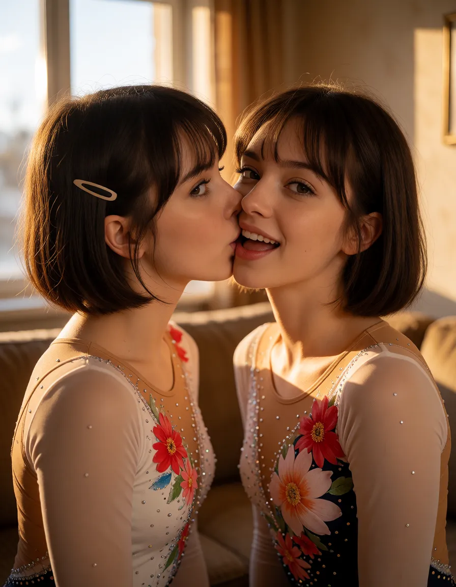 a photograph, 2women kissing, bob cut see-through bangs brown hair, brown eyes, hairclip, long sleeve rhythmic gymnastics costume, floral, smile, looking at viewer, half open mouth, Living room, window, day,, warm golden afternoon daylight, soft natural shadows, warm amber tones, gentle contrast, fine film grain, smooth clear skin, strikingly beautiful, radiant complexion, early twenties