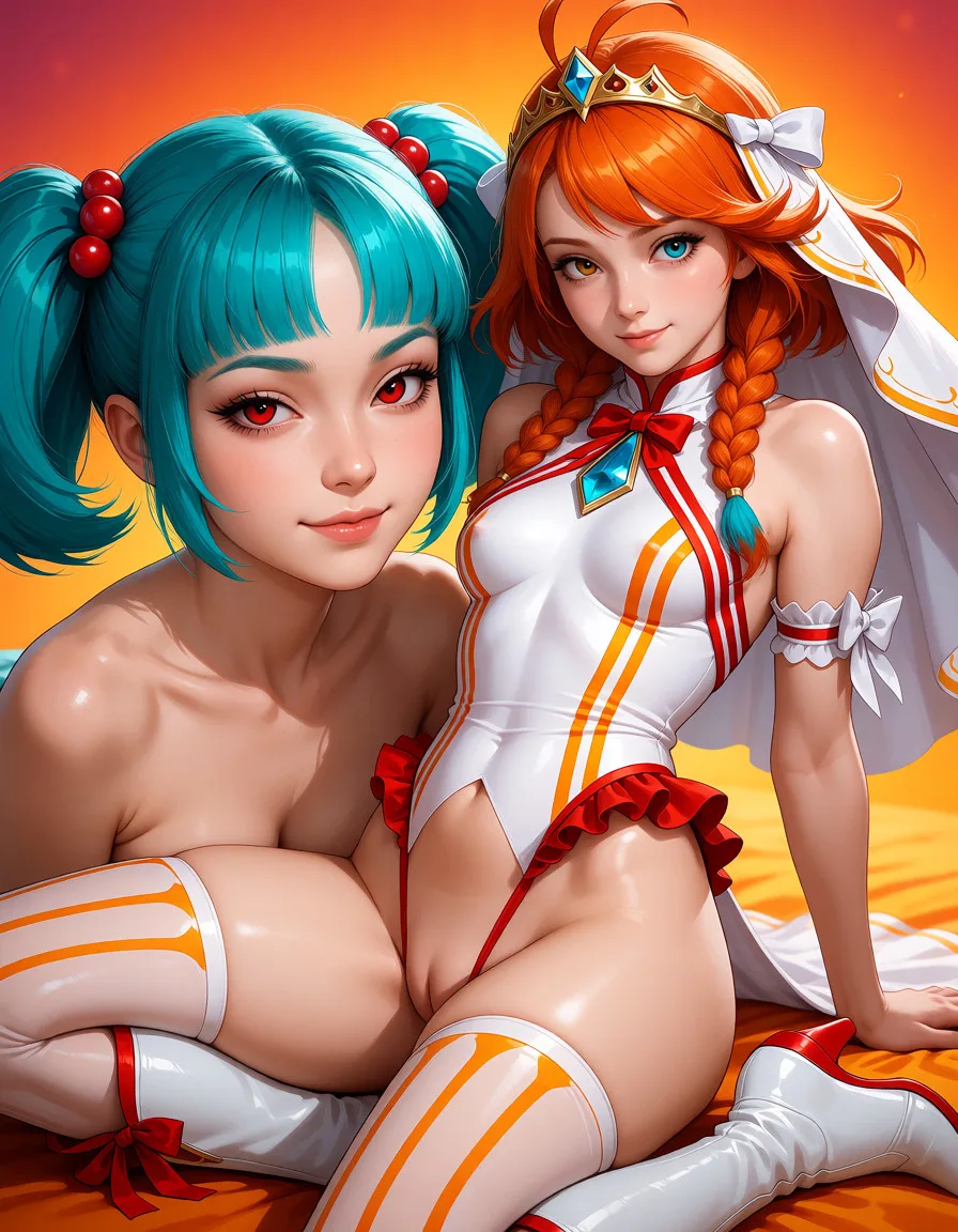 hentai anime art, realistic 2women,
(woman elegance twintails blunt bangs aqua hair hair bobbles red eyes double eyelid eyelashes),
smile,
(woman forehead,twin braids hairband,antenna hair,floating hair,orange hair,heterochromia,pupils,brown eyes,wide hips),
half open eyes,smile,closed mouth,
magical woman outfit (white and red with orange lines), veil, skindentation (leotard, frills, ribbon, Impossible clothes, high exposure), diamond tiara (gold trim), thighhigh socks (white with orange lines), knee-high boots (white with red ribbon), white ribbon with veil, armwear
from below,, clean lineart, smooth cel shading, glossy highlights, saturated warm colour, drawn illustration, strikingly beautiful, radiant complexion, early twenties