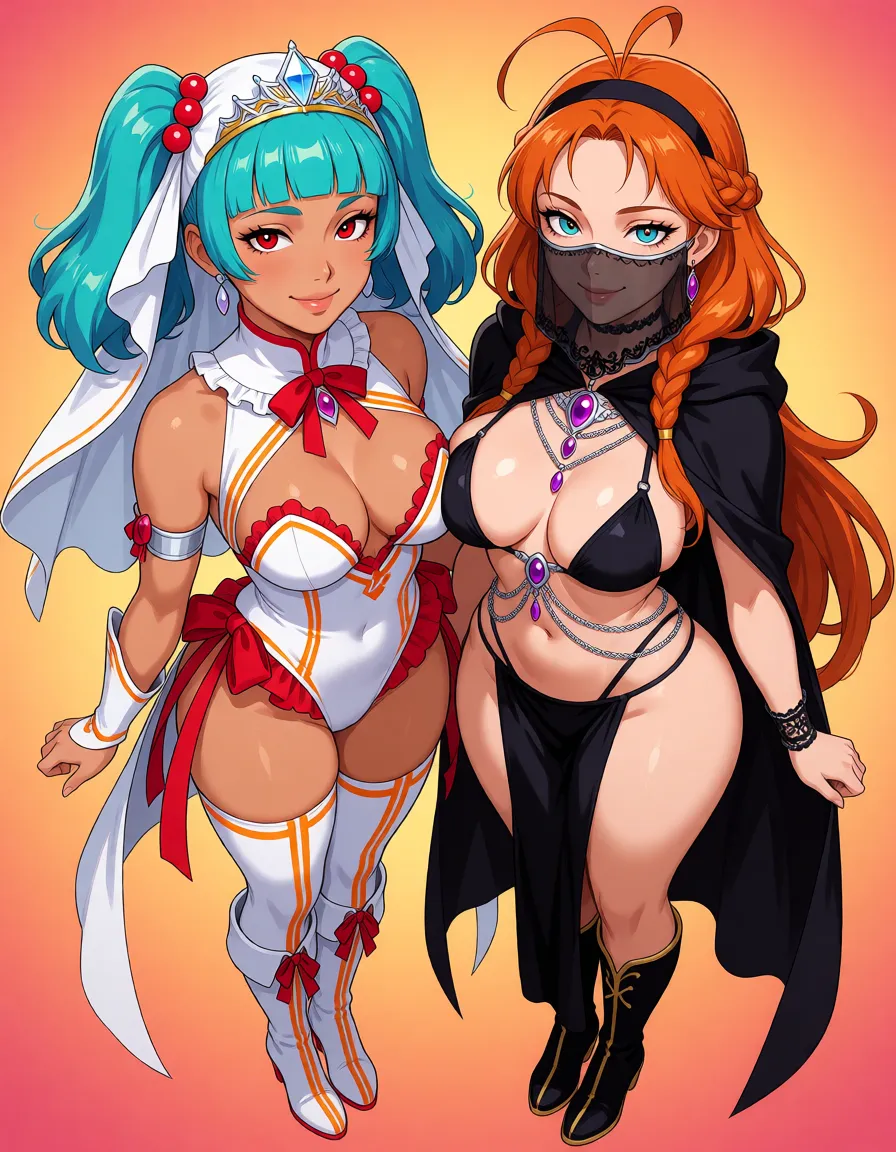 hentai anime art, portrait ,2women,
(woman elegance twintails blunt bangs aqua hair hair bobbles red eyes double eyelid tan skin eyelashes),
magical woman outfit (white and red with orange lines), veil, skindentation (leotard, frills, ribbon, Impossible clothes, high exposure), diamond tiara (gold trim), thighhigh socks (white with orange lines), knee-high boots (white with red ribbon), white ribbon with veil, armwear

(woman forehead,twin braids hairband,antenna hair,floating hair,orange hair,heterochromia,pupils,brown eyes,wide hips),black breast curtains,black bikini ,black High-Slit Skirt, silver chain body jewelry with purple gems, black song boots with gold lines, translucent black lace face veil, black hooded cloak, black micro bikini-type string panties,

(from below),, clean lineart, smooth cel shading, glossy highlights, saturated warm colour, drawn illustration, strikingly beautiful, radiant complexion, early twenties