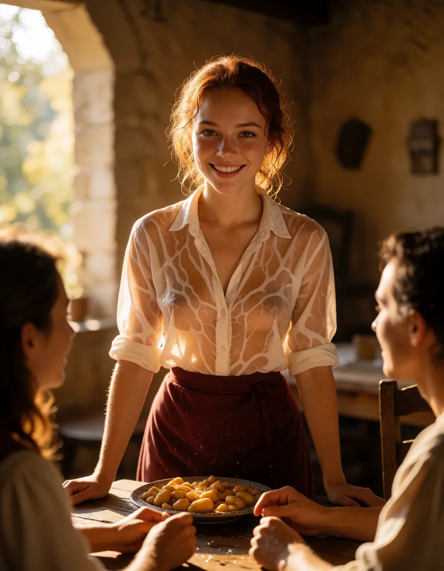 a photograph, Style réaliste. Une fille rousse souriante. Serveuse dans une auberge médiévale. Des clients sont attablés. Sa chemise est trempée et devient trasnparente., warm golden afternoon daylight, soft natural shadows, warm amber tones, gentle contrast, fine film grain, smooth clear skin, strikingly beautiful, radiant complexion, early twenties
