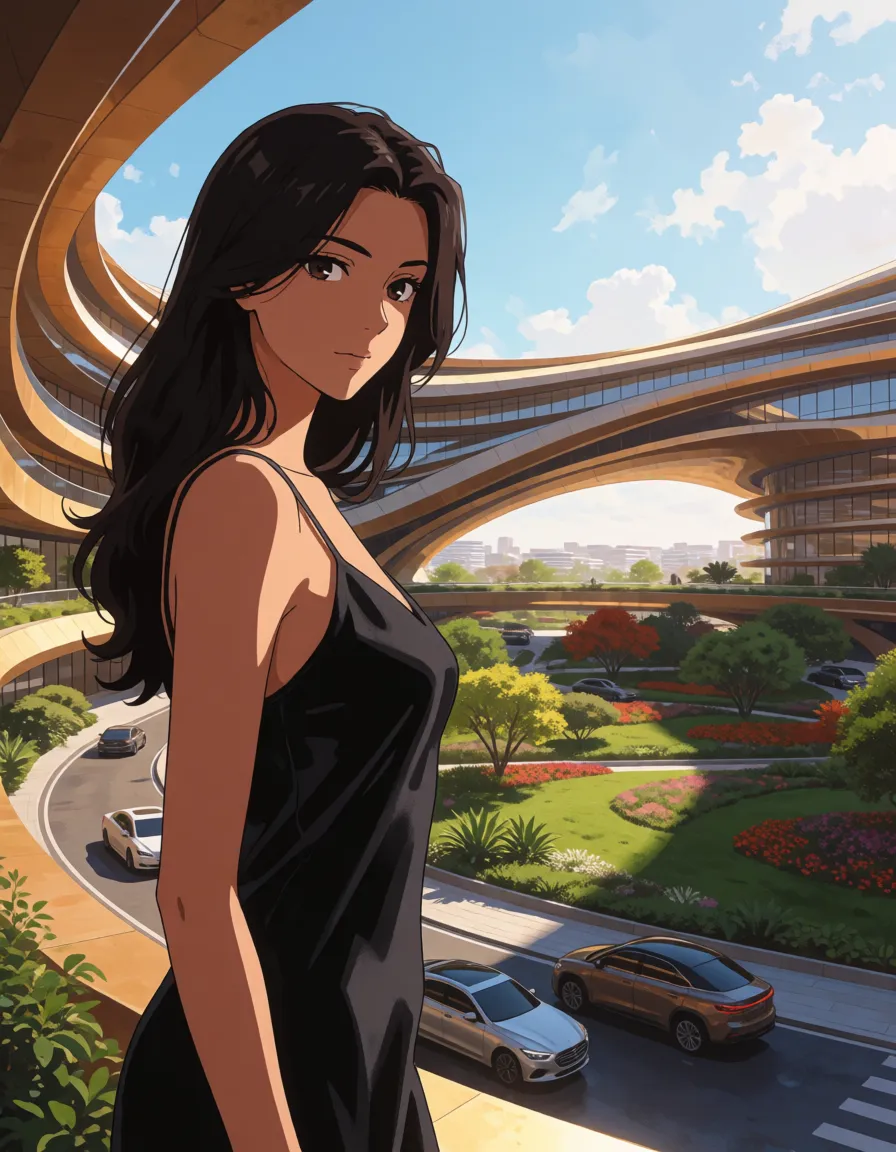 hentai anime art, A photorealistic rendering of Zaha Hadid's architectural style is used as the backdrop for the two women, embodying a perspective image of the Innovation Park in Gala City, Egypt. Incorporate a variety of green spaces, modern vehicles, and realistic skies. Respect design elements and proportions.a woman with long dark hair in a black silk slip, soft window light, shot on film, clean lineart, smooth cel shading, glossy highlights, saturated warm colour, drawn illustration, strikingly beautiful, radiant complexion, early twenties