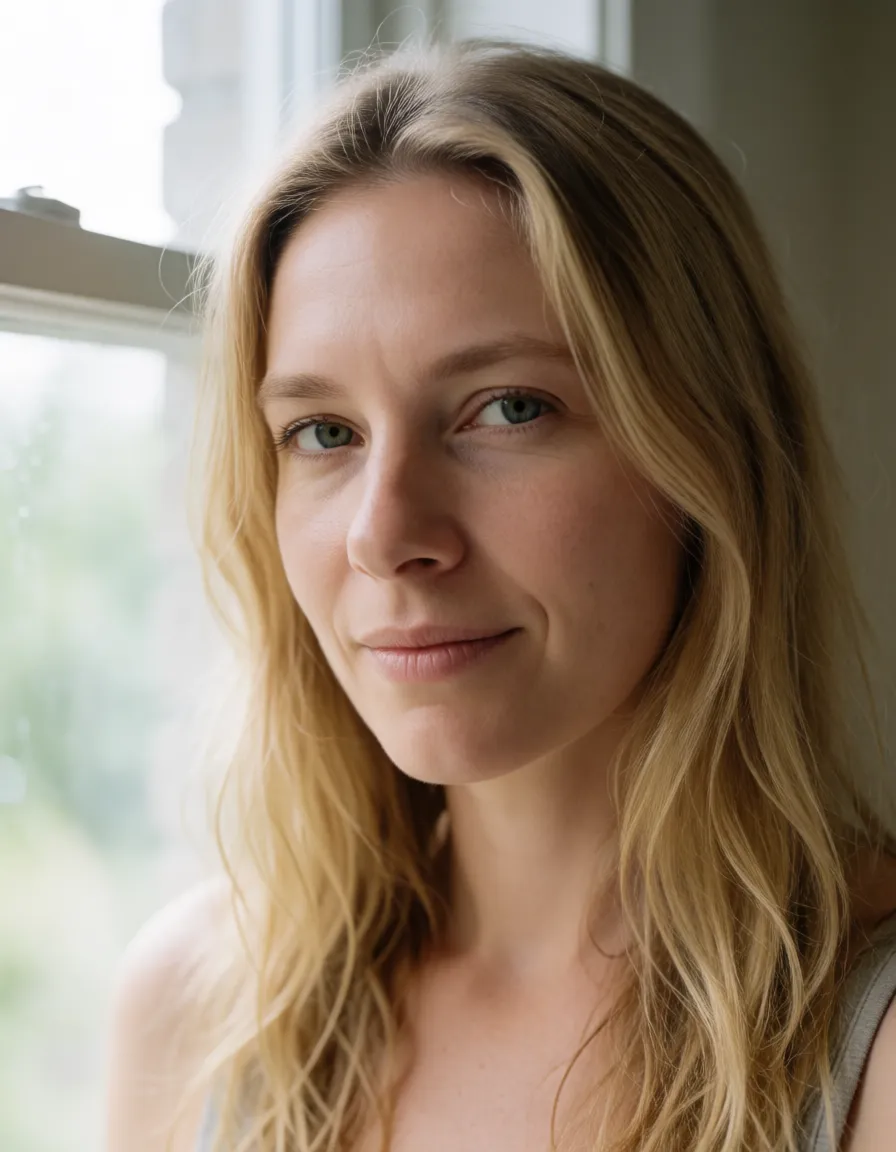 an amateur snapshot, a woman with long blonde hair, soft window light, Make me cei, plenty of natural daylight, flat even light, casual unposed snapshot, natural everyday colour, mild noise, natural unretouched skin, strikingly beautiful, radiant complexion, early twenties