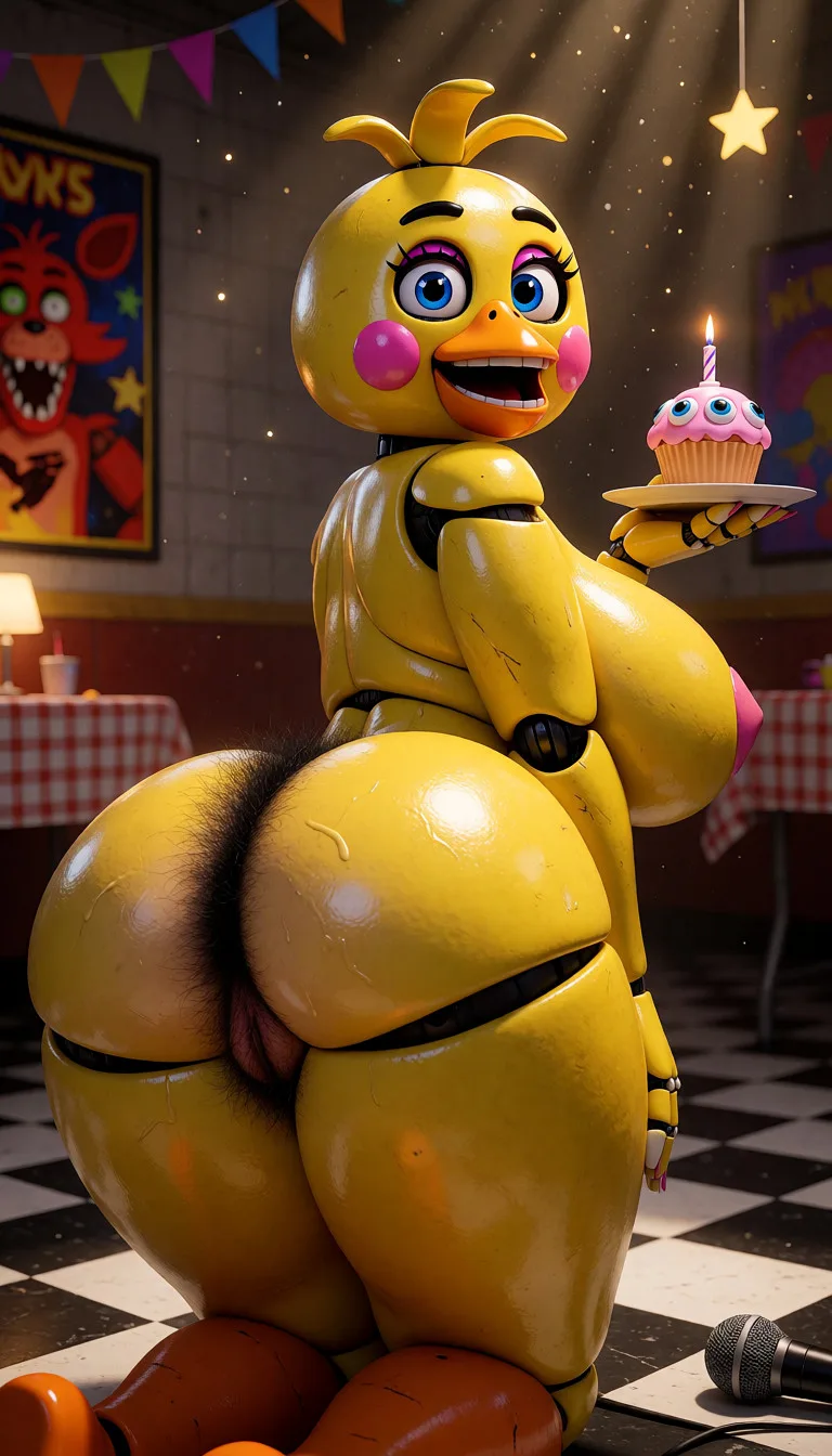 an amateur snapshot, A highly detailed, photorealistic 3D render of the FNAF animatronic character Chica the Chicken. She is a tall, curvaceous anthropomorphic yellow chicken with a bright yellow plastic body, and a slightly glossy finish.Her head has a round yellow face with big expressive blue eyes with long black eyelashes and bright pink eyeliner, small black arched eyebrows, an orange beak, and two large round pink blush cheeks. Her mouth is open in a wide, toothy smile showing white teeth and pink gums. She has a small yellow tuft of hair on top of her head.Her body is extremely voluptuous: massive, perfectly round massive breasts visible big nipples, and enormous, thick, shiny yellow thighs and hips that dominate the lower frame. She has abundant black pubic hair with detailed natural texture, individual strands, realistic fur-like follicles, and subtle natural highlights.She is kneeling on the floor in a seductive 3/4 pose with her back and right side angled toward the camera, looking directly to the right (horizon level) with her head turned, face fully visible. Her left hand supports her on the floor, and her right hand holds a small white plate with a pink cupcake that has blue eyes, pink frosting, and a single lit candle with a tiny flame. The cupcake is positioned at face level.Her enormous, thick, shiny yellow ass is raised and spread wide apart, exposing detailed realistic vulva and anus with natural textures, subtle highlights, and glistening moisture, clearly visible in her intimate area. Breasts hang heavily and are fully visible with prominent big nipples. She maintains a confident yet provocative stance.Setting: dimly lit party room with black-and-white checkered floor, warm cinematic lighting, floating golden sparkles and light rays, distant tables with checkered tablecloths, a large framed poster of Foxy the Fox on the left wall, hanging star decorations, and a black microphone in the bottom right foreground. The entire scene has a dramatic, glossy, cinematic style with strong highlights on her curves and a slight lens flare from the candle.Ultra-detailed textures, sharp focus, 8k resolution, volumetric lighting, cinematic composition, exactly matching the original image composition and style., plenty of natural daylight, flat even light, casual unposed snapshot, natural everyday colour, mild noise, natural unretouched skin, strikingly beautiful, radiant complexion, early twenties