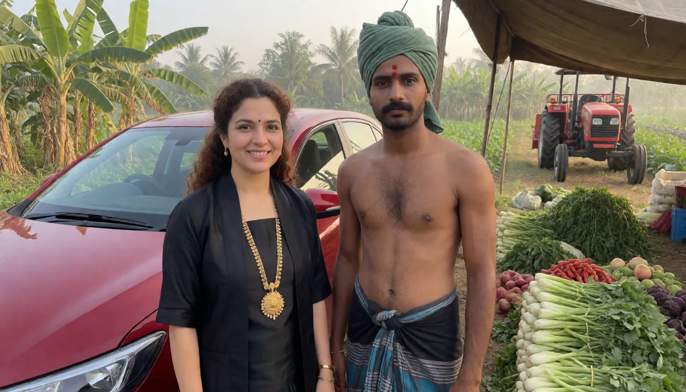 an amateur snapshot, ultra high defination image of a gorgeous white coloured South Indian  malayali, brown curly haired, married woman aged around 26,with huge saggy tits,dark nipple, navel pierced with Ruby gem, wearing a black silk cloth used as jacket tied under her breast making her boobs completely visible, she adoring a lengthy gold chain with huge middle finger diamond pendant, and also a delicate nose ring, adoring seven layered diamond waist chain with pig face belt buckle,adoring her auspicious marriage rope(thali), wearing Nike Jordan shoes.Fucking a vegetable vendor a young man with a handle bar mustache, bare chested, wears a neatly tied green cotton thundu (towel) on his head, a red tilak on his forehead, and a patterned black and blue lungi.she fucking him over her luxurious red car.He fucking her in grasshopper style, of his vegetable farm,she expressing her pain and watching viewers. To the right of the tent, several piles of vegetables , are stacked, along with a red farm tractor visible in the distance. Lush banana trees and other vegetation are visible under a warm morning., plenty of natural daylight, flat even light, casual unposed snapshot, natural everyday colour, mild noise, natural unretouched skin, strikingly beautiful, radiant complexion, early twenties