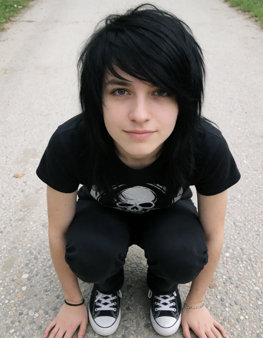 an amateur snapshot, squatting, black hair, emo, plump, nude, shaved innie pussy, full_body, plenty of natural daylight, flat even light, casual unposed snapshot, natural everyday colour, mild noise, natural unretouched skin, strikingly beautiful, radiant complexion, early twenties