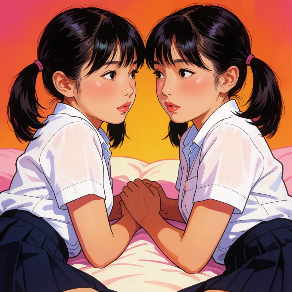 hentai anime art, 2other, twins sisters, pigtails, tomboy, asian twins, tsurime, small breasts, tongue kissing, looking at each other, saliva, white shirt, pleated skirt, lying on bed, legs hug, legs over waist, side view,, clean lineart, smooth cel shading, glossy highlights, saturated warm colour, drawn illustration, strikingly beautiful, radiant complexion, early twenties