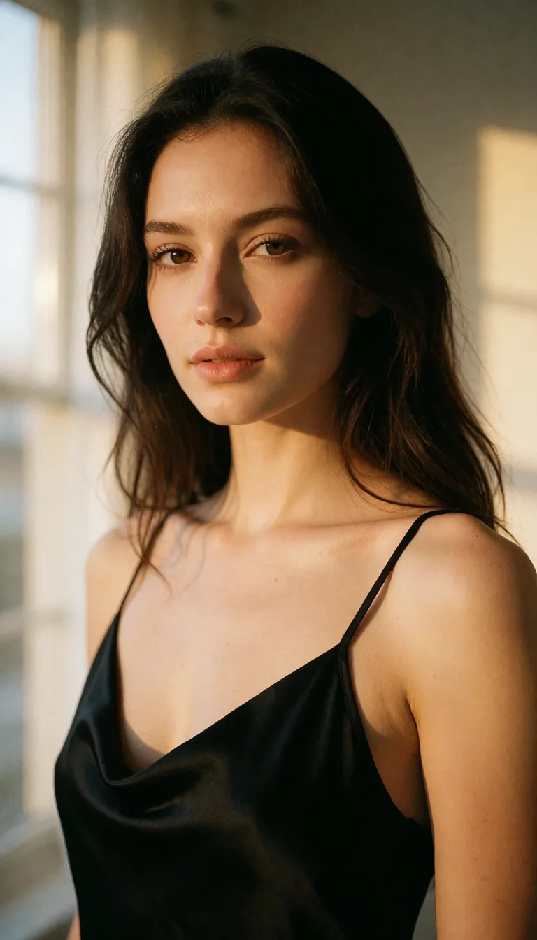 a photograph, a woman with long dark hair in a black silk slip, soft window light, shot on film, warm golden afternoon daylight, soft natural shadows, warm amber tones, gentle contrast, fine film grain, smooth clear skin, strikingly beautiful, radiant complexion, early twenties