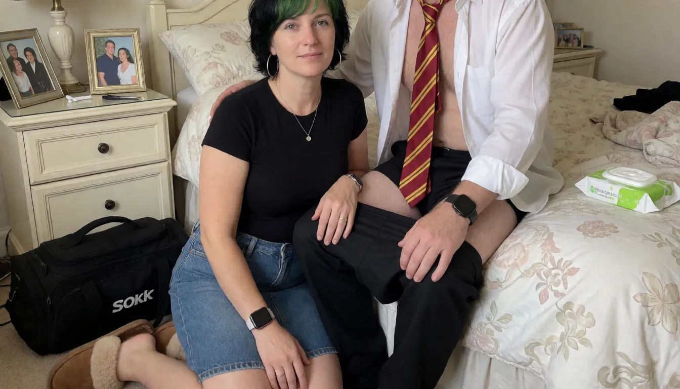 an amateur snapshot, In a dated married couples bedroom. With a couple of family photos in frames on the bedside table, a tall 46 year not slim with good size breasts, woman is on her knees on the floor. She has short black hair with green highlights, no make or lipstick on her face. Big hoop silver earrings, silver necklace, Apple Watch on her wrists and thick gold band wedding ring on her finger. Wearing tight black T-shirt that shows her cleavage, denim skirt, brown fluffy slippers, she is sucking the 9 inch long thick fat hard cock of a thin very short white man, You can't see above his shoulders. He is wearing a half opened white shirt, his black trousers are around his knees, no underwear, he is wearing a red and yellow tie and a black sports watch. he has one hand on her shoulder. On the floor is a black sports bag. On the bed are a packet of wet wipes, some loose condoms. There is a clearly written note on the wall that says ' you have such a nice big cock mm' Her eyes are closed., plenty of natural daylight, flat even light, casual unposed snapshot, natural everyday colour, mild noise, natural unretouched skin, strikingly beautiful, radiant complexion, early twenties